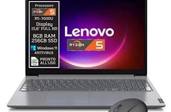 Lenovo Ryzen 5, Pc portatile notebook, Display FHD da 15,6", Cpu R5-3500U fino a 3,7 ghz, Ram 8Gb, Ssd m2 256Gb, windows 11 pro, Computer portatile pronto all'uso + Mouse wifii "Eloquent"