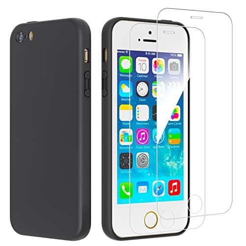 NEW'C Cover per iPhone 5, iPhone 5S e iPhone Se 2016 in silicone ultra sottile nero e 2× vetro temperato per iPhone 5, iPhone 5S e iPhone Se 2016, pellicola protettiva per schermo