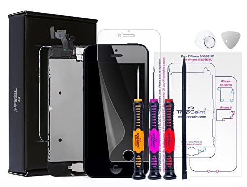Trop Saint® Kit di Riparazione Vetro Schermo per iPhone 5 Nero Ricambio Completo LCD Display - con Istruzioni, Attrezzi e Pellicola Protettiva
