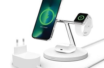 Belkin Caricabatterie wireless 3 in 1 con MagSafe, caricatore rapida per iPhone (15 W) e per Apple Watch, stazione di ricarica per iPhone 14/14 Plus, 13, Pro, Max, mini, Apple Watch e AirPods - bianco