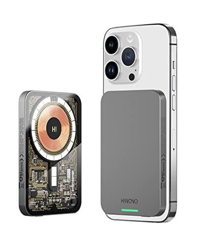 Hinovo Power bank da 5000 mAh, magnetico, wireless, piccolo e potente, design sottile, cyberpunk, metallico, da 9 mm, 128 g, funzione di ricarica rapida, trasparente, per iPhone 14/13/12