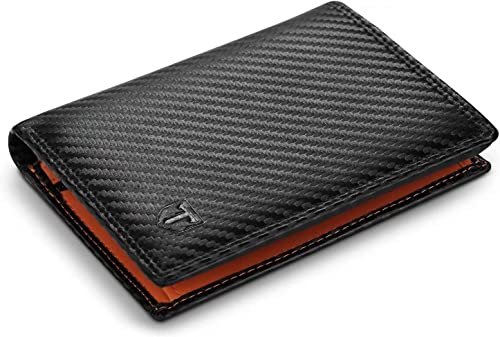 TEEHON® Portafoglio Uomo RFID Blocking Pelle Carbonio con 11 Porta Carte di Credito, 2 Finestra ID, Portamonete Cerniera, 2 Scomparti Banconote, Portafogli Uomo Trifold Verticale - Nero e Arancione