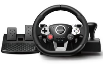 VooFun Volante con Pedali Compatibile per PC/ PS4/ Switch/ PS3/ Xbox One/Xbox 360, Volante Gaming a 270°, Pulsanti Programmabili, Feedback con Vibrazione, Nero